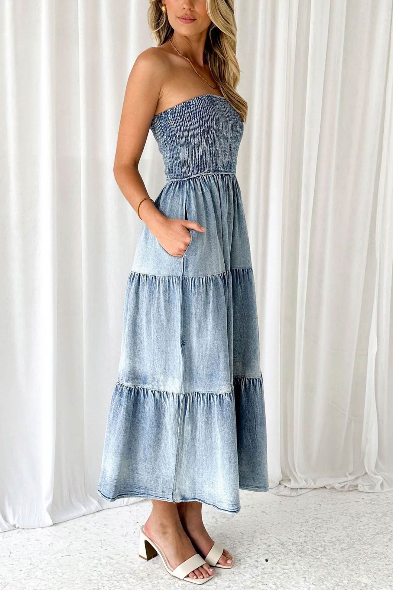 Strapless Smocked  Tiered Slit Side Midi Denim Dress