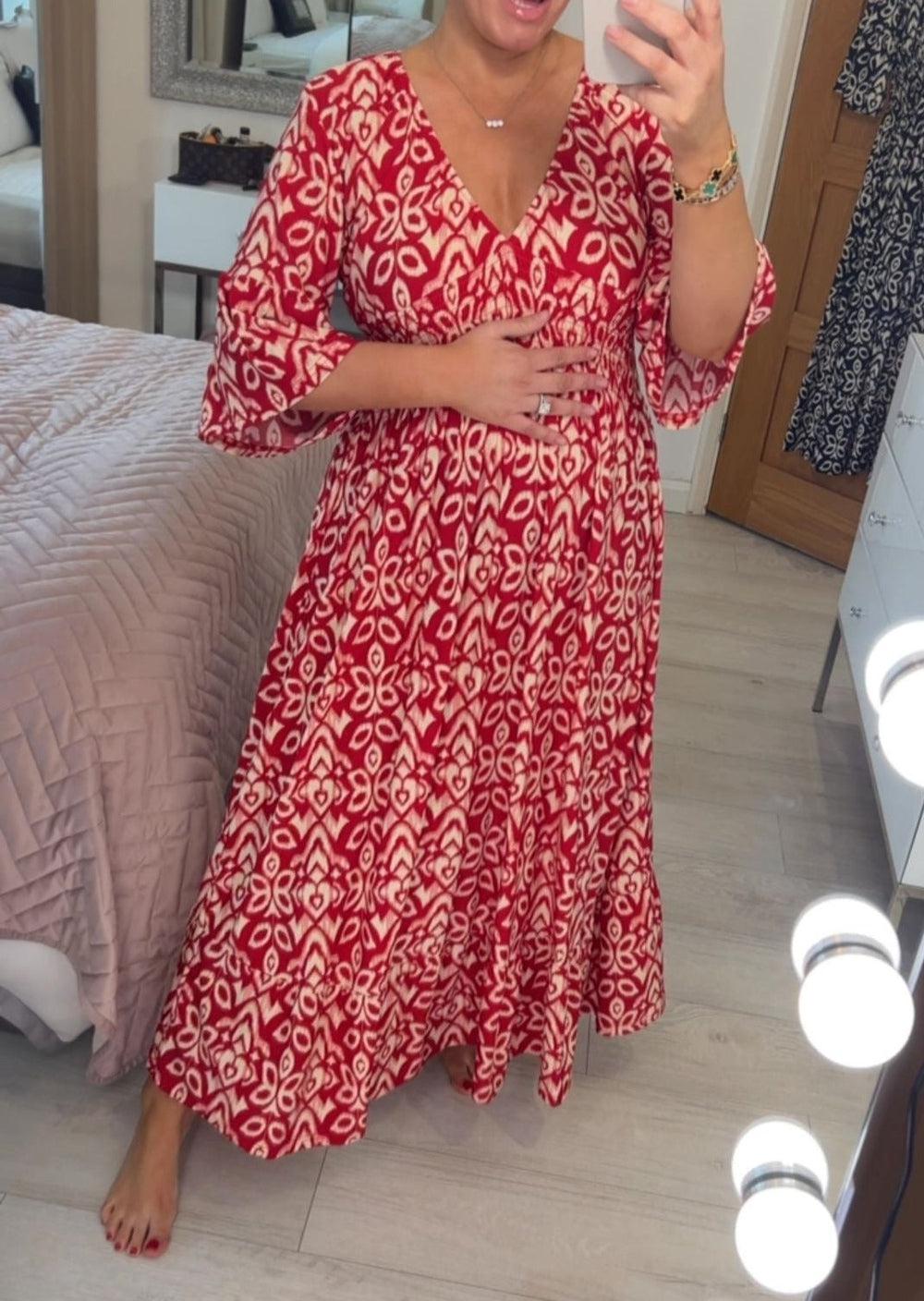 V-neck Smocked Waist Print Maxi Dress