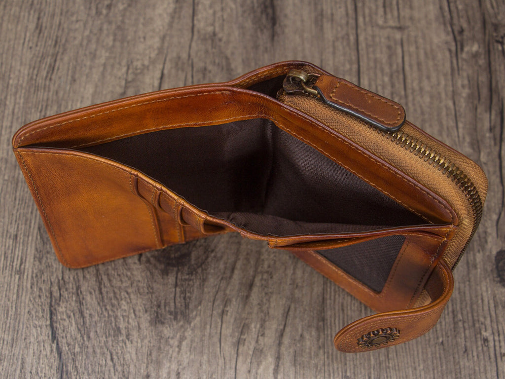 Retro Handmade Zipper Leather Short Wallets Purse for Women