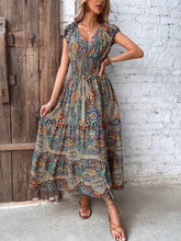 Load image into Gallery viewer, Paisley Print V-neck Smocked Maxi Dress
