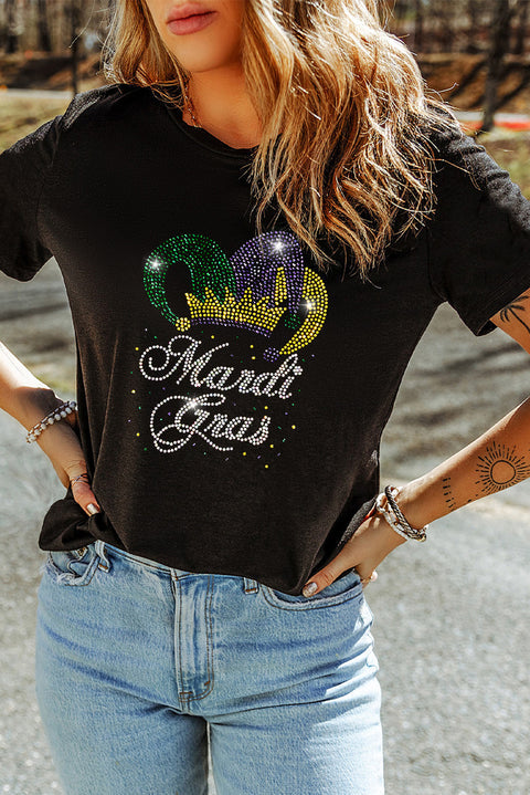 Black Rhinestone Mardi Gras Clown Hat Short Sleeve Tee