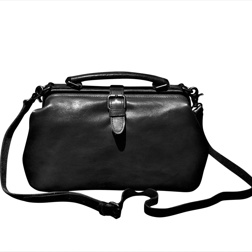 Black Doctor Bag Leather Handbag Crossbody Purse For Women