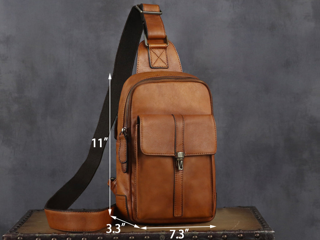 Brown Large Leather Sling Bag Casual Shoulder Backapck