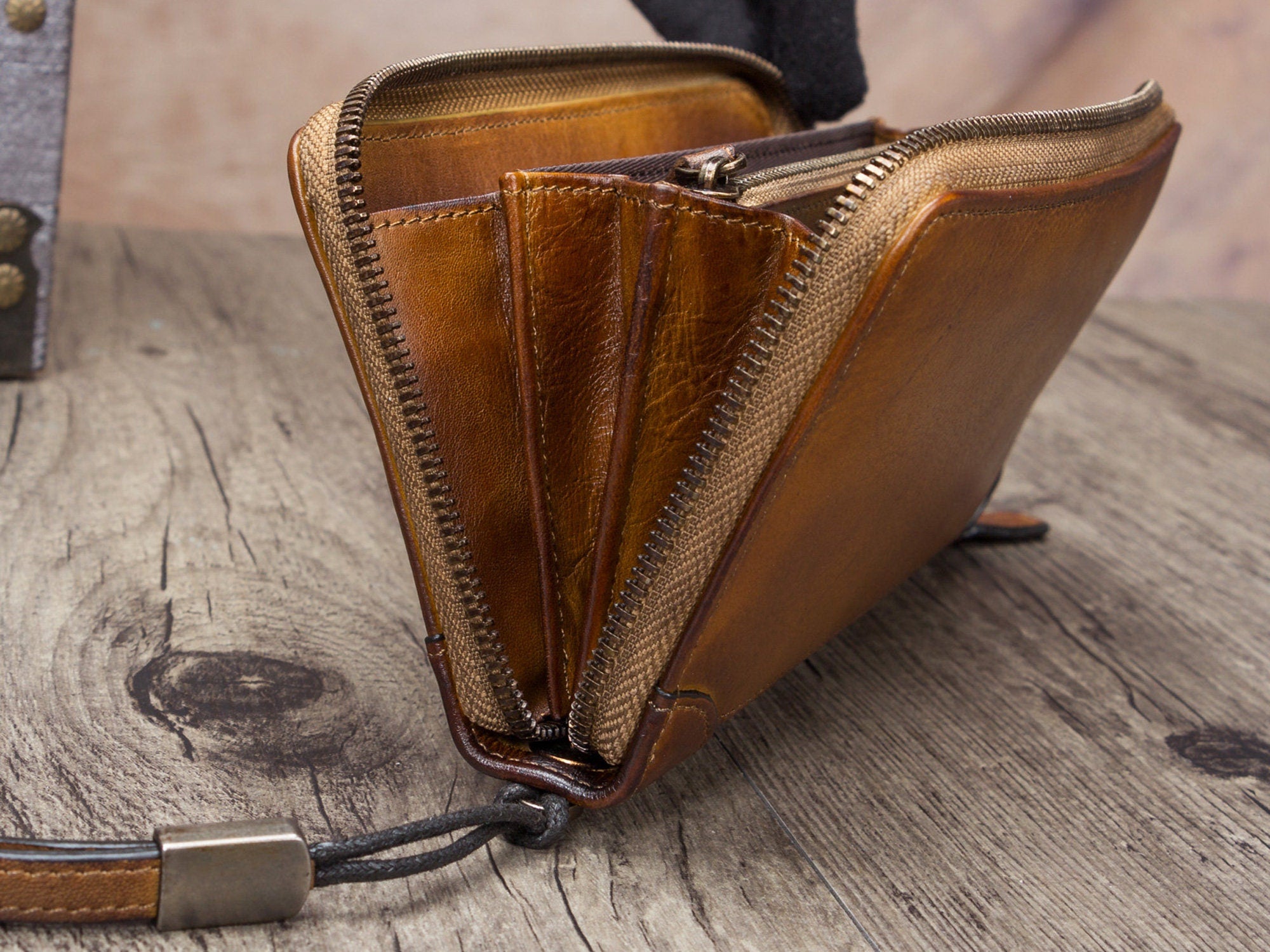 Leather Zipper Women Wallet Long Purse Handmade Clutch