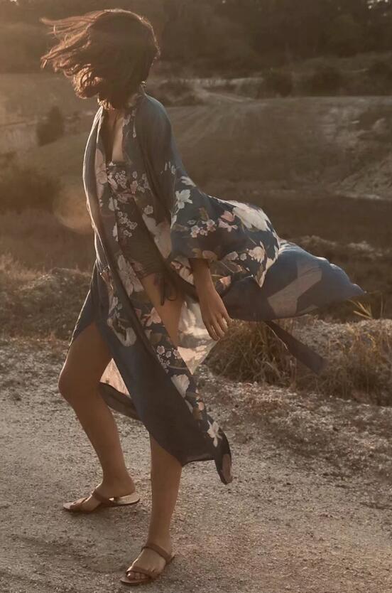 Boho Peacok Floral Print Kimono Robe Cover Up