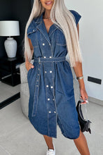 Load image into Gallery viewer, Classic Lapel Collar Buttons Down Pockets Denim Midi Dress
