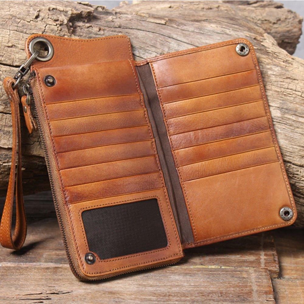 Handmade Leather Long Wallet with Chain Trifold Purse Anniversary Gift For Women Large Capcity Multi Cards Money Clips