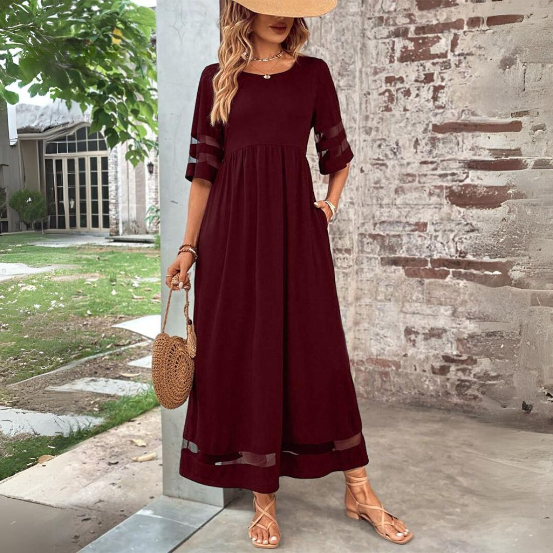 Elegant Sheer Sleeves Round Neck Maxi Dress