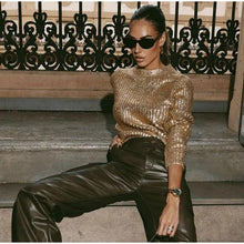 Load image into Gallery viewer, Gold Ribbed Round Neck Long Sleeve Sweater
