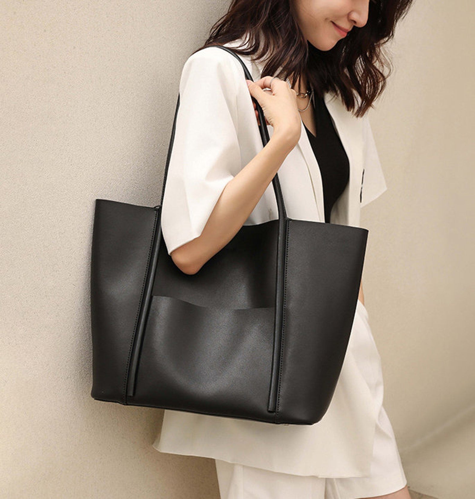 Minimalist Large Genuine Leather Tote Bag