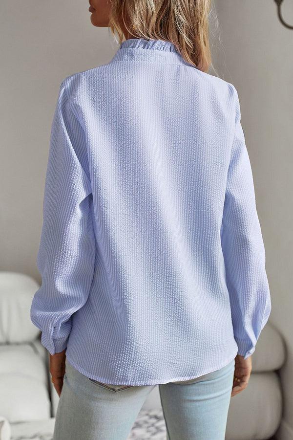 Blue Ruffled Neck Long Sleeve Print Shirt