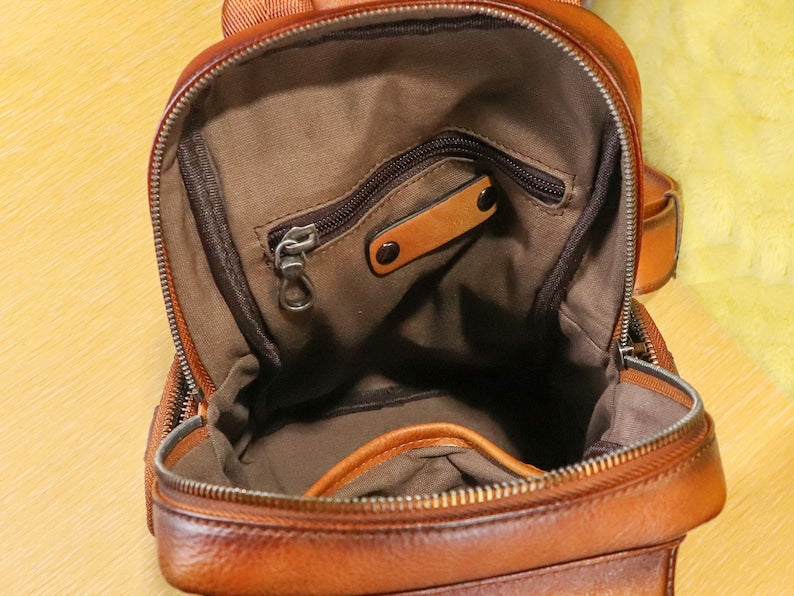 Multiple Pockets Zipper Leather Sling Bag Hiking Daypack Shoulder Backpack