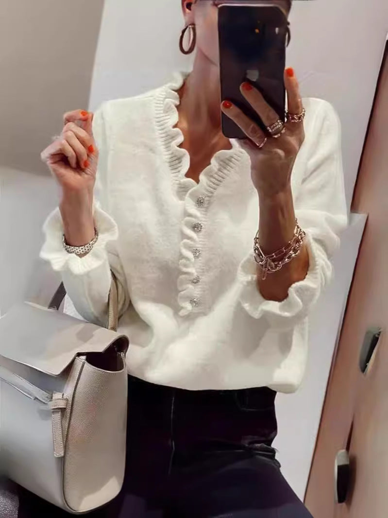 Long Sleeves Ruffled V-neck Sweater