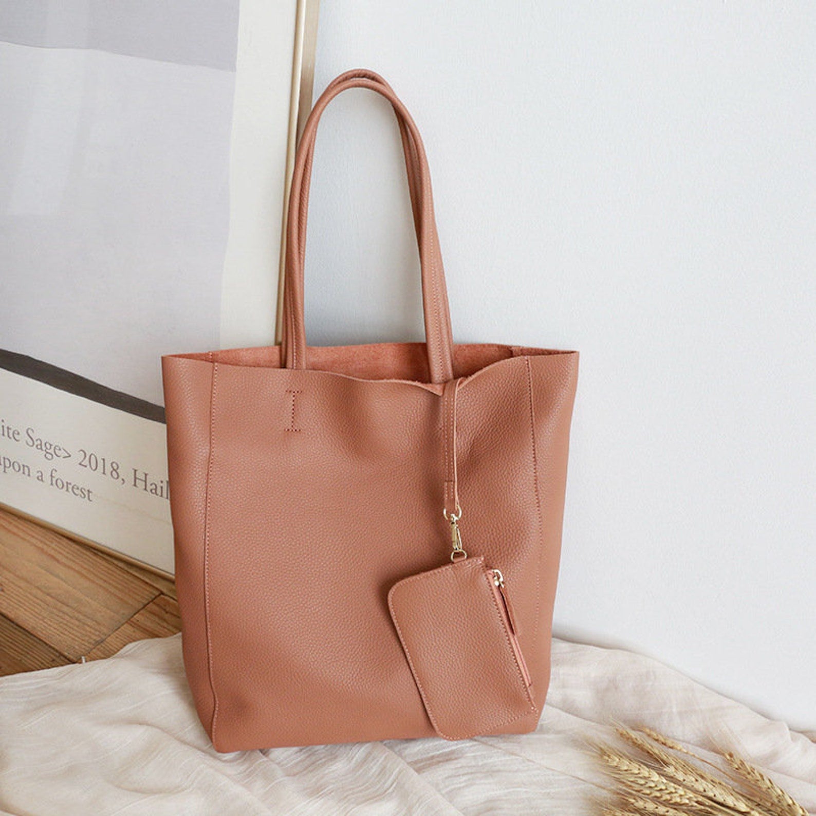Coral Pink Handcrafted Leather Tote Bag