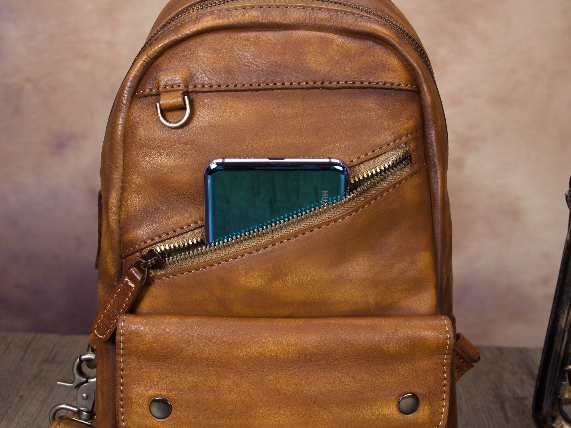 Retro Large Zipper Leather Sling Bag Crossbody Backpack