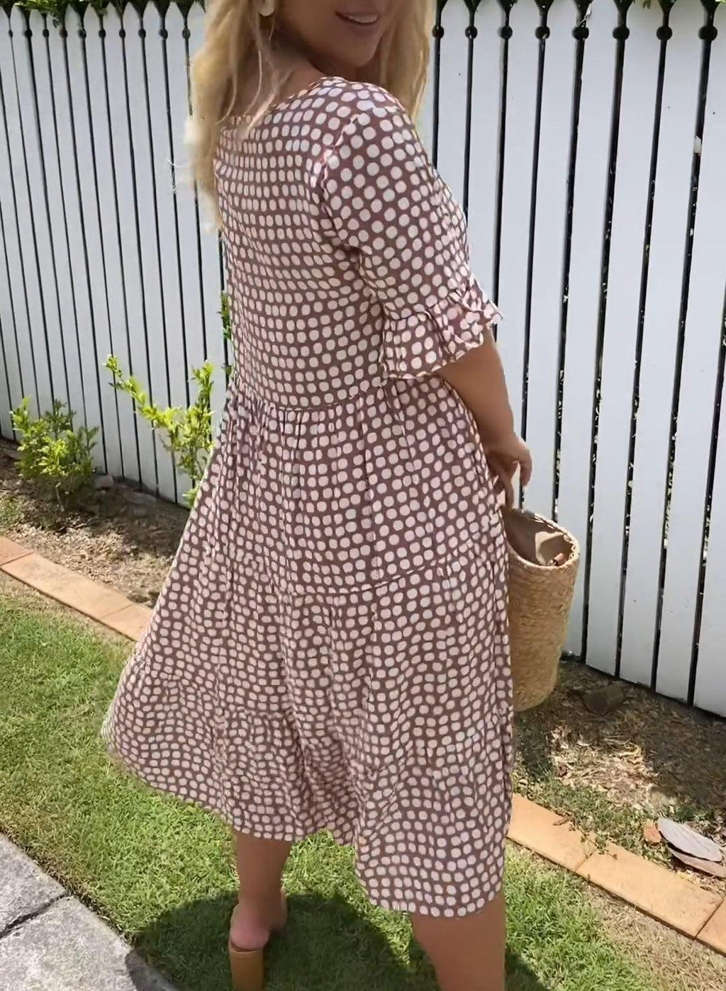 Round Neck Dots Print Tiered Midi Dress