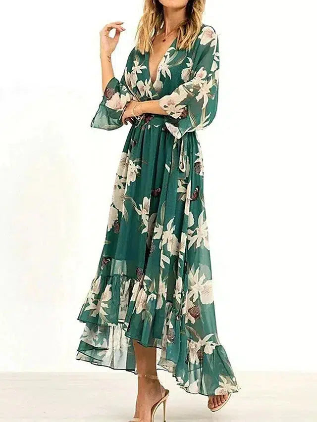 Floral Ruffled Chiffon High Low Midi Dress