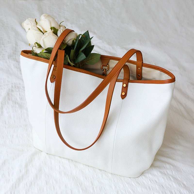 White Color Block Large Leather Tote