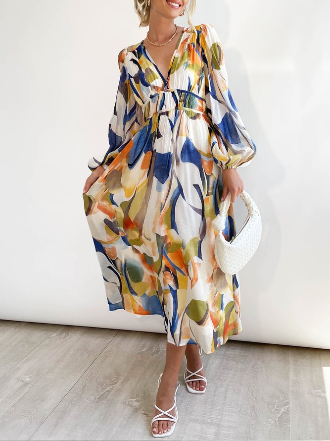 Colorful Abstract Print Long Sleeve  Midi Dress
