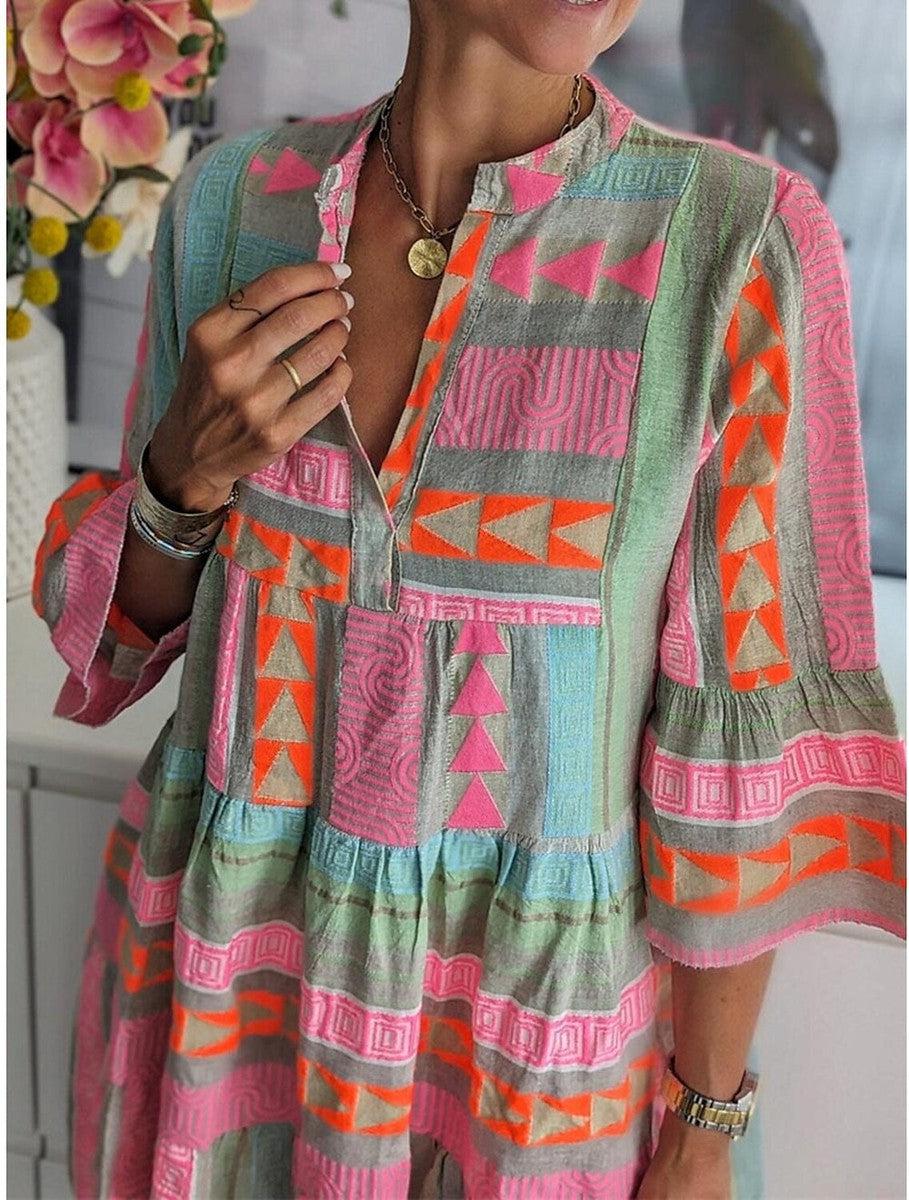 Boho Geometric Print Bell Sleeves Mini Tunic Dress