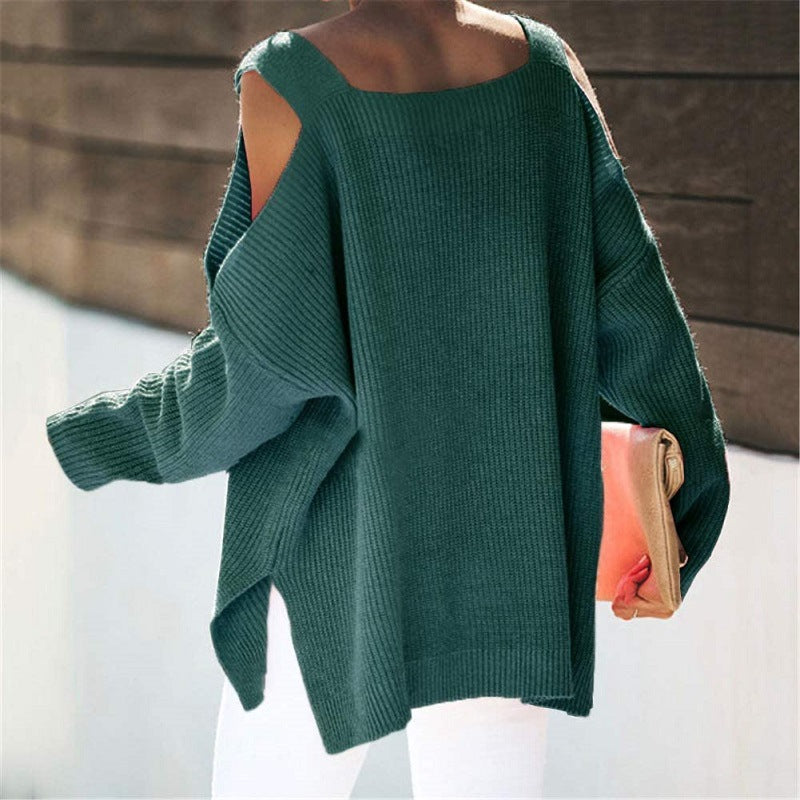 Cold Shoulder Long Sleeve Square Neck Loose Sweater