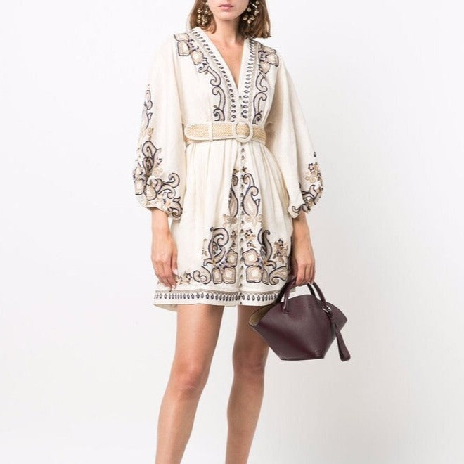Beige Print V-neck Long Sleeve Mini Dress