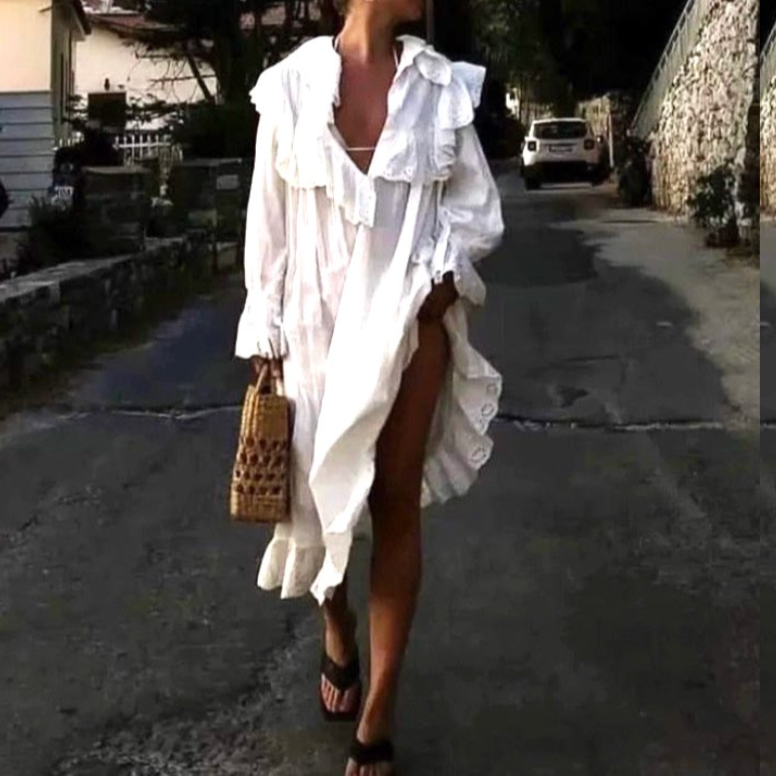 Loose White Cotton Frill Lace Dress