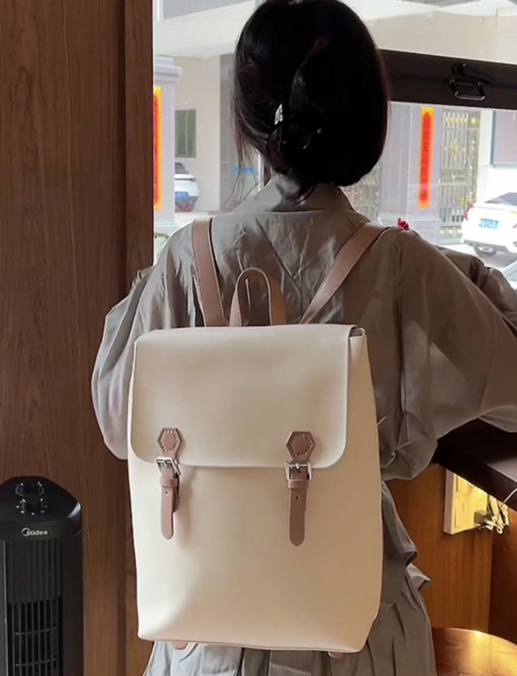 White Simper Large Leather Backpack School Bag