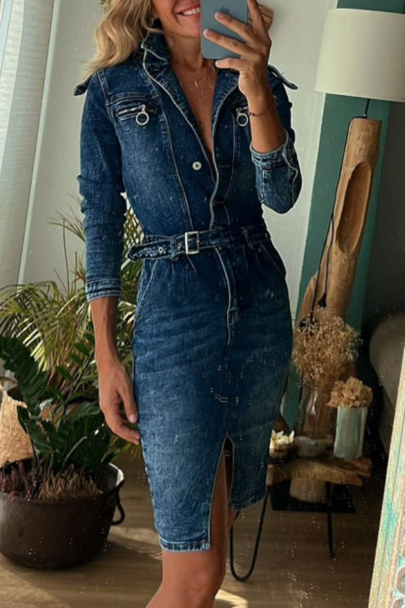 Casual Vintage Turndown Collar Long Sleeve Buttons Down Mini Denim Dress