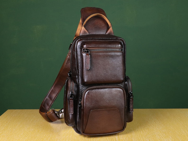 Multiple Pockets Zipper Leather Sling Bag Hiking Daypack Shoulder Backpack