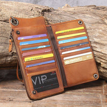 Load image into Gallery viewer, Handmade Leather Long Wallet with Chain Trifold Purse Anniversary Gift For Women Large Capcity Multi Cards Money Clips
