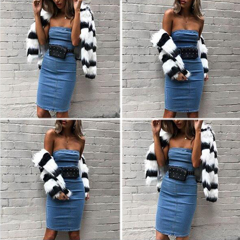 Blue Strapless Zipper Back Bodycon Denim Mini Dress