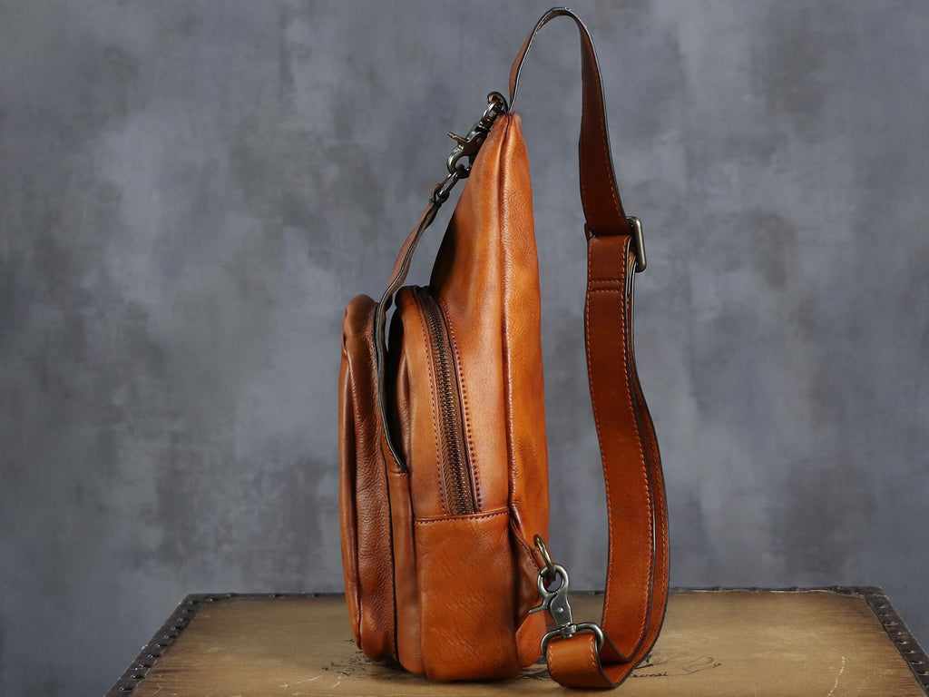Zipper Leather Sling Bag Crossbody Chest Shoulder Backpack Purse
