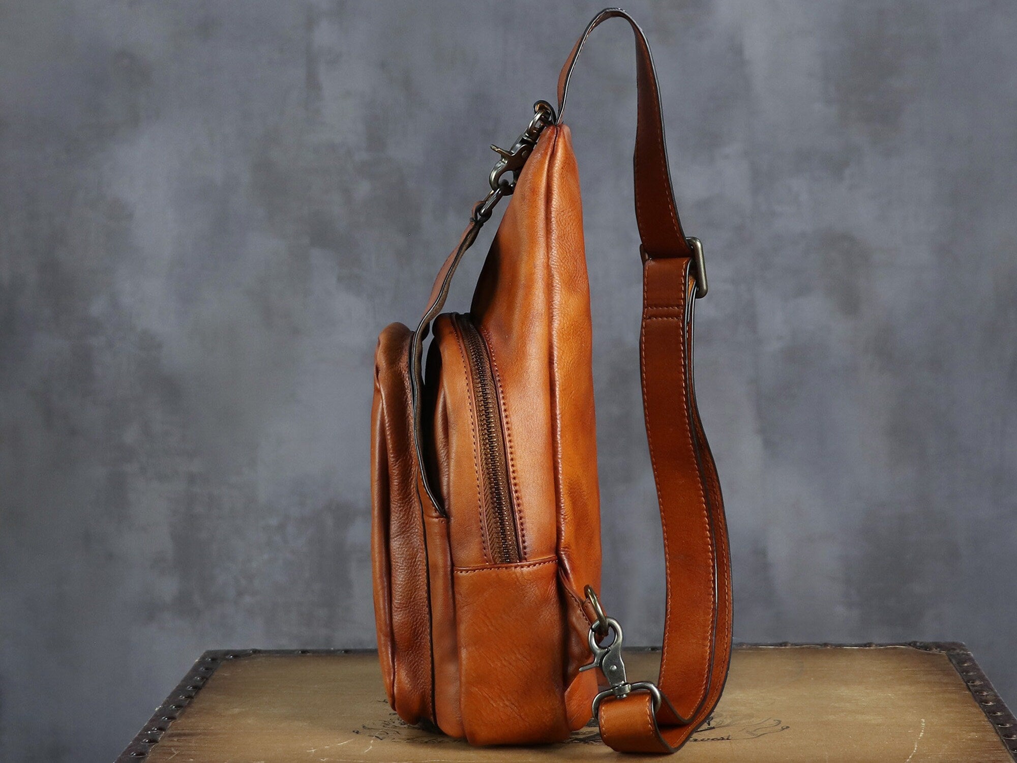 Zipper Leather Sling Bag Crossbody Chest Shoulder Backpack Purse