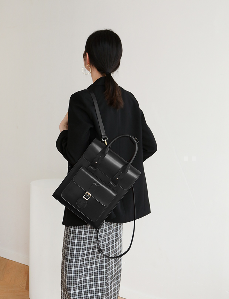 Black Large Laptop Briefcase Leather Backpack