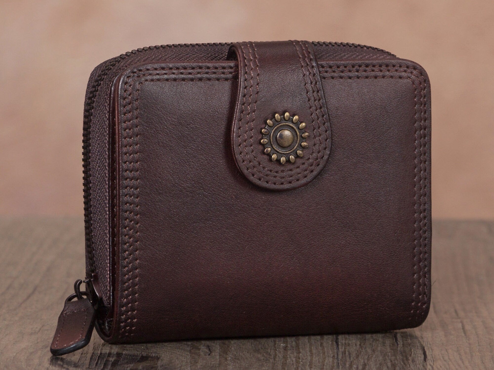 Retro Handmade Zipper Leather Short Wallets Purse for Women