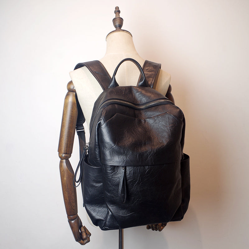 Simple Large Black Leather Backpack Bag