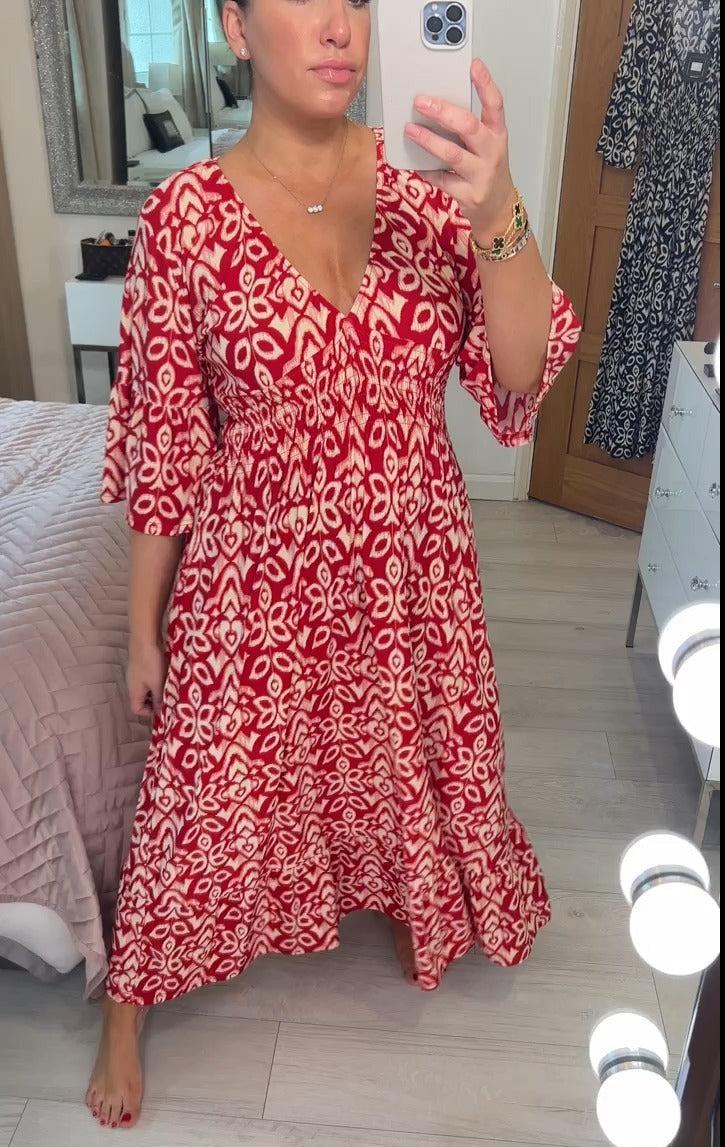 V-neck Smocked Waist Print Maxi Dress
