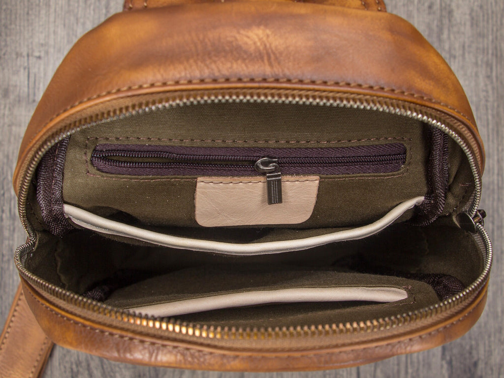 Retro Large Zipper Leather Sling Bag Crossbody Backpack