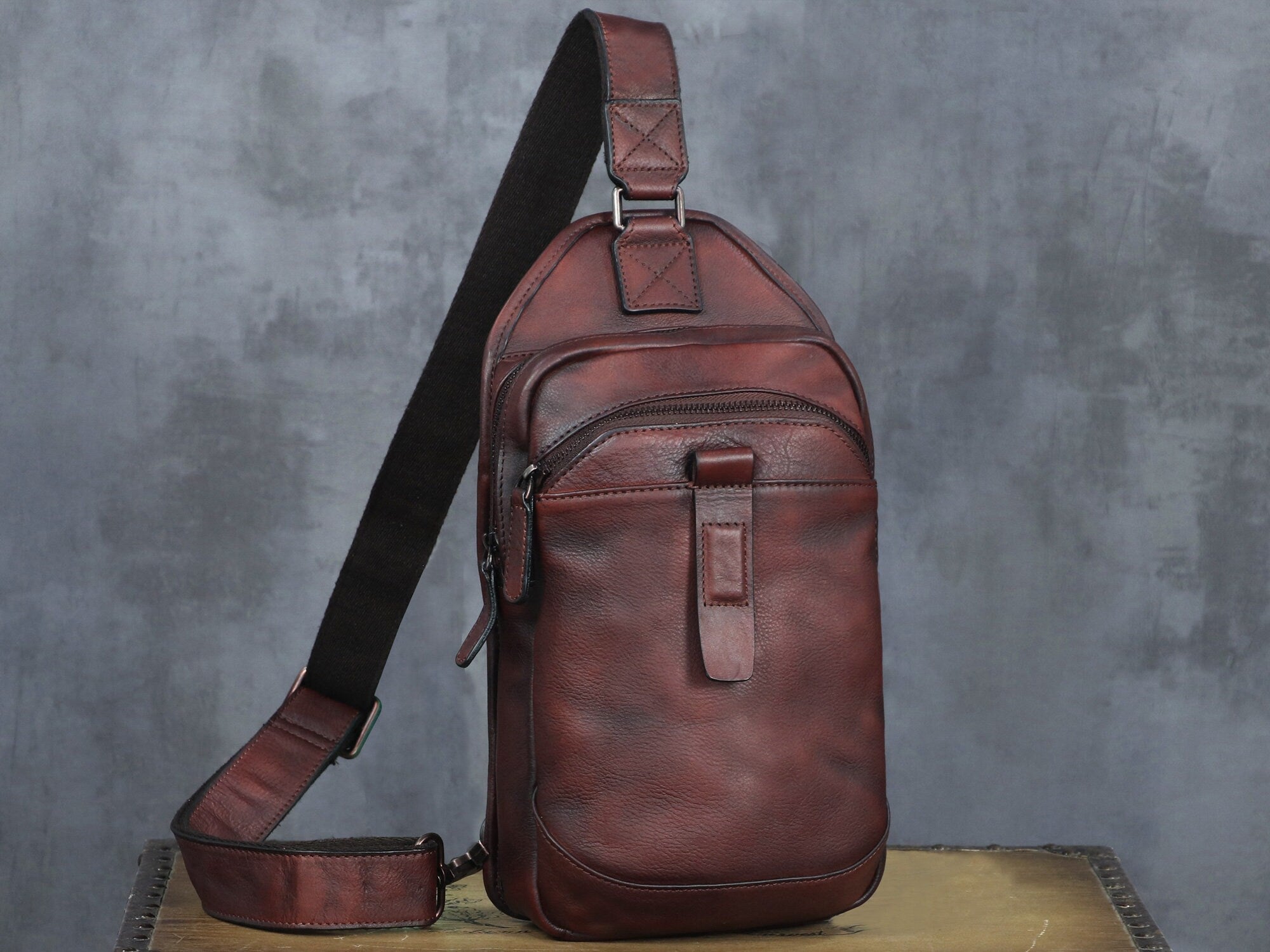 Leather Sling Bag Handmade Crossbody Chest Backpack