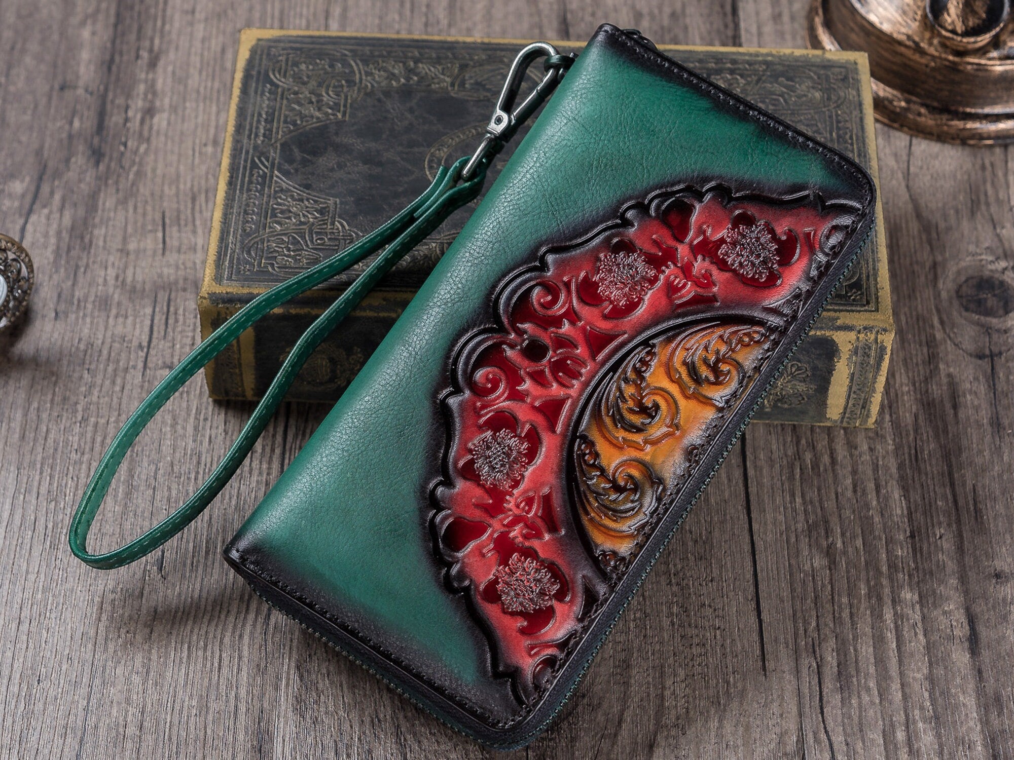 Zipper Leather Women Wallet Long Purse Vintage Handmade Clutch Purse