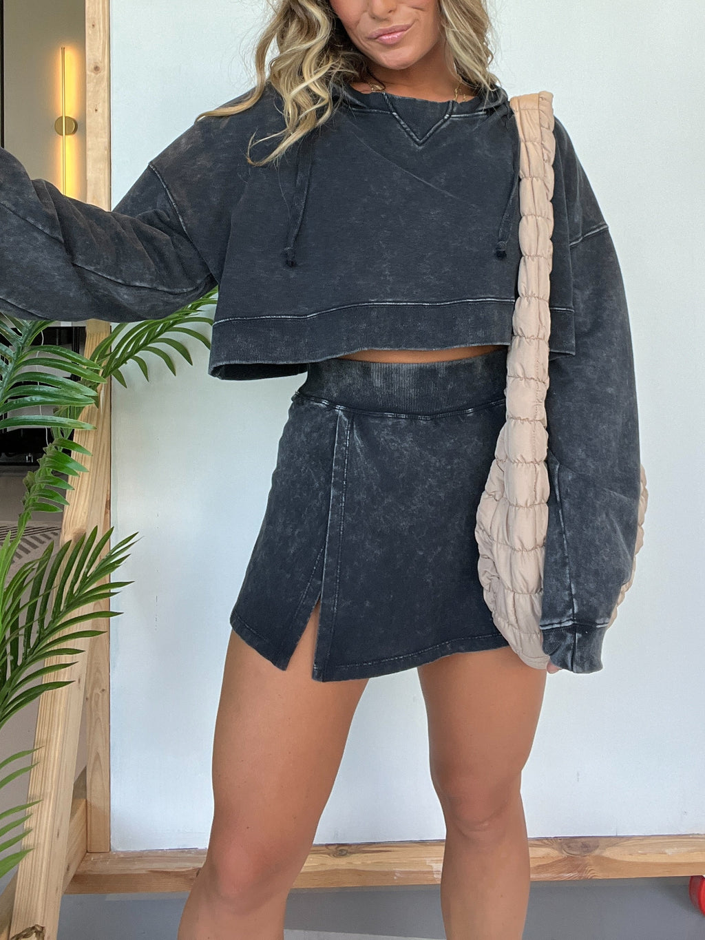 Long Sleeves Cropped Hoodie Split Front Skirt Set