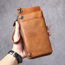 Load image into Gallery viewer, Handmade Leather Long Wallet with Chain Trifold Purse Anniversary Gift For Women Large Capcity Multi Cards Money Clips
