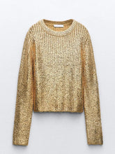 Load image into Gallery viewer, Gold Ribbed Round Neck Long Sleeve Sweater
