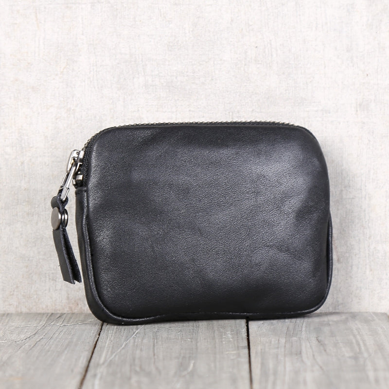 Small Black Leather Zipper Card Wallet Coin Purse  for Women