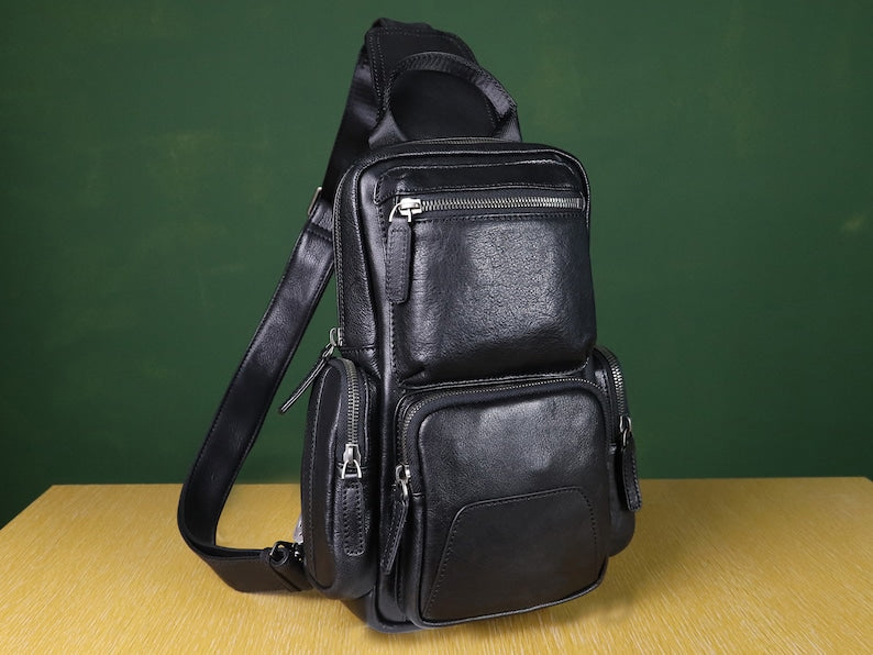 Multiple Pockets Zipper Leather Sling Bag Hiking Daypack Shoulder Backpack