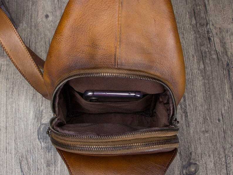 Vintage Leather Sling Bag Chest Shoulder Crossbody Bag Hiking Backpack