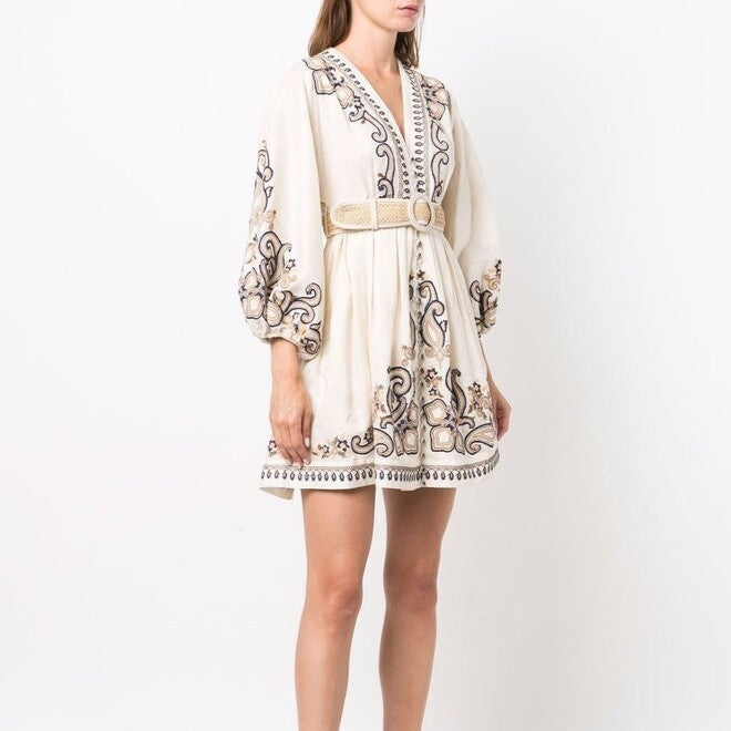 Beige Print V-neck Long Sleeve Mini Dress
