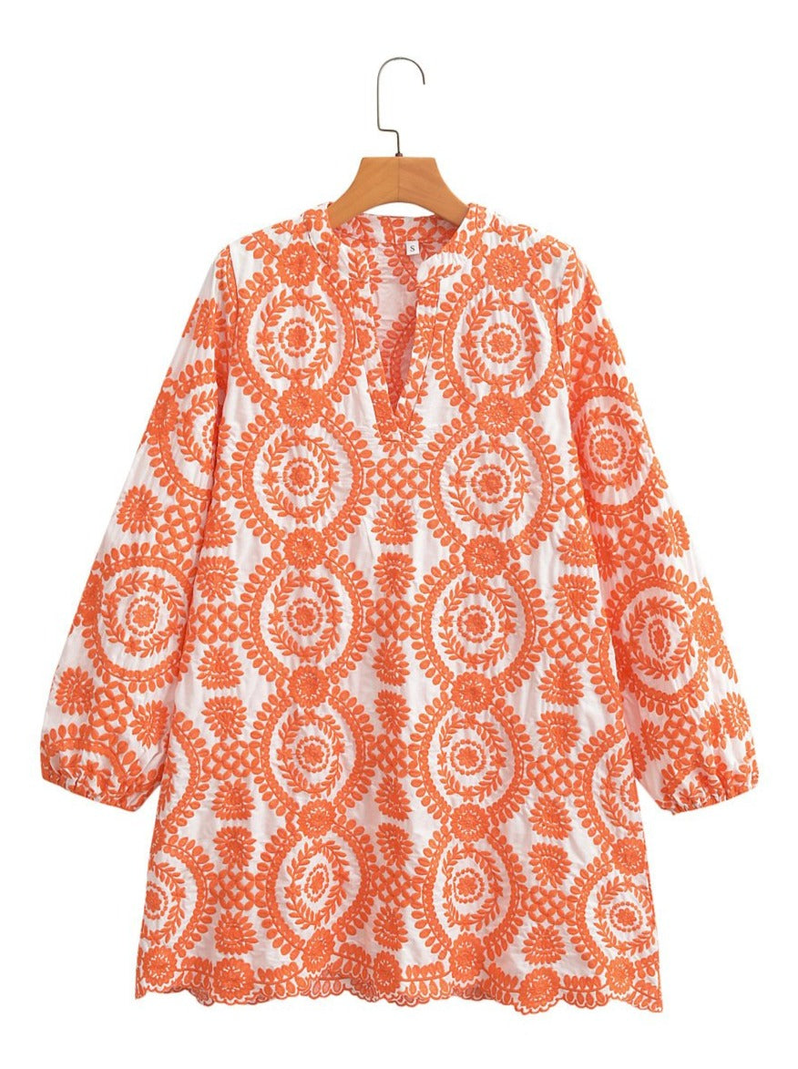 Long Sleeve Embroidered Hollow Out Mini Dress