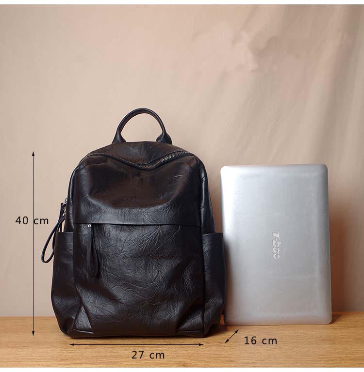 Simple Large Black Leather Backpack Bag